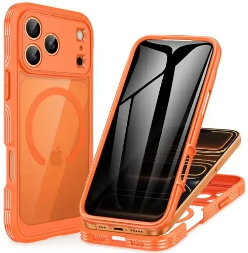 CENHUFO Privacy for iPhone 18 Pro Max Case/Privacy for iPhone 17 Pro Max Case,Compatible with MagSafe,Full-Body Phone Case with Built-in 9H Tempered Glass Privacy Screen Protectorand Orange - 1