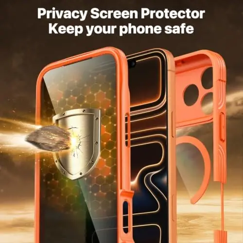 CENHUFO Privacy for iPhone 18 Pro Max Case/Privacy for iPhone 17 Pro Max Case,Compatible with MagSafe,Full-Body Phone Case with Built-in 9H Tempered Glass Privacy Screen Protectorand Orange - 4