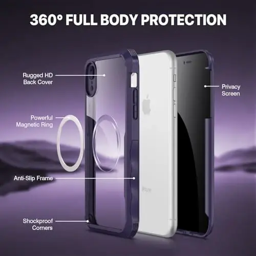 CENHUFO Privacy Magnetic for iPhone XR Case, Full Body Phone Case Built-in 9H Tempered Glass Privacy Screen Protector [Compatible with Magsafe] Shockproof Protective Bumper Clear Cover - Purple - 2