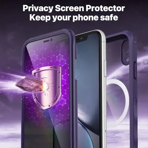 CENHUFO Privacy Magnetic for iPhone XR Case, Full Body Phone Case Built-in 9H Tempered Glass Privacy Screen Protector [Compatible with Magsafe] Shockproof Protective Bumper Clear Cover - Purple - 3
