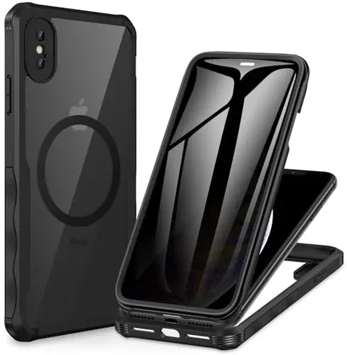 CENHUFO Privacy Magnetic iPhone Xs Max G‘ilofi, To‘liq Korpusli Telefon G‘ilofi O‘rnatilgan 9H Temperlangan Shisha Maxfiylik Ekran Himoyachisi [Magsafe bilan mos keladi] Zarbga chidamli Himoya Bumper Shaffof Qopqoq - Qora 