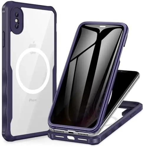 CENHUFO Privacy Magnetic iPhone Xs Max uchun g‘ilof, o‘rnatilgan 9H temperli shisha maxfiylik ekran himoyachisi [Magsafe bilan mos keladi] zarbaga chidamli himoya bamperi shaffof qopqoq - Binafsha rang - CENHUFO