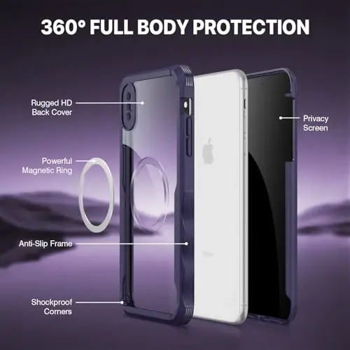 CENHUFO Privacy Magnetic iPhone Xs Max uchun g‘ilof, o‘rnatilgan 9H temperli shisha maxfiylik ekran himoyachisi [Magsafe bilan mos keladi] zarbaga chidamli himoya bamperi shaffof qopqoq - Binafsha rang - 3