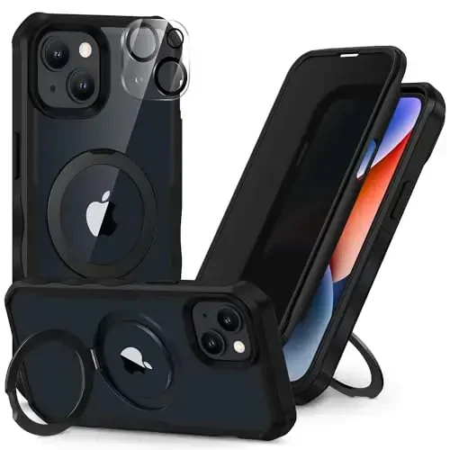 CENHUFO Privacy Phone Case for iPhone 14 / iPhone 13 [Compatible with Magsafe] Built-in Glass Privacy Screen Protector and Magnetic Ring Stand, Full Body Shockproof Clear Camera Lens Cover -Black - 1