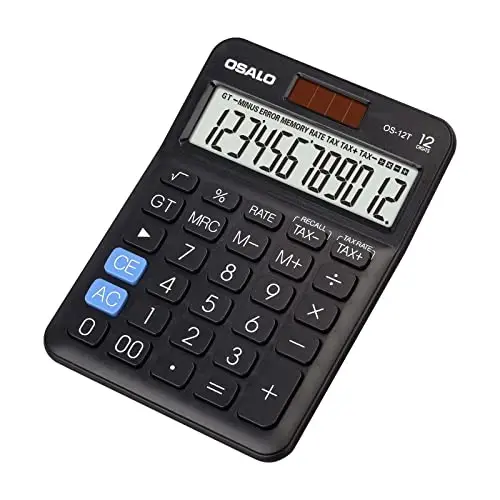 Cep Boyu Küçük Masaüstü Hesap Makinesi, 12 Haneli Geniş LCD Ekran, Güneş Enerjili ve Pilli Çift Güç Kaynaklı Temel Vergi Fonksiyonlu Elde Taşınabilir Masaüstü Hesap Makinesi, Ofis, Okul, İş İçin Mükemmel OS-12T (Siyah) - PENDANCY