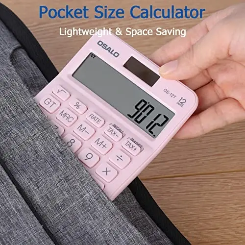 Pocket Small Size Desk Calculator, 12 Digit Large LCD Display, Basic Tax Function Handheld Desktop Calculator with Solar Battery Dual Power, Perfect for Office, School, Business OS-12T (Pink) - 2