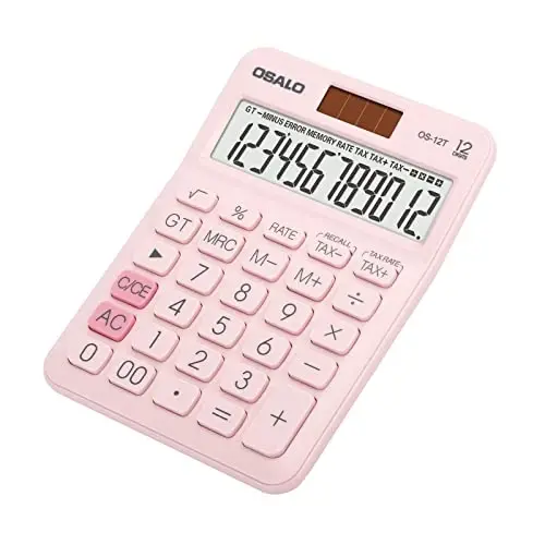 Pocket Small Size Desk Calculator, 12 Digit Large LCD Display, Basic Tax Function Handheld Desktop Calculator with Solar Battery Dual Power, Perfect for Office, School, Business OS-12T (Pink) - 1