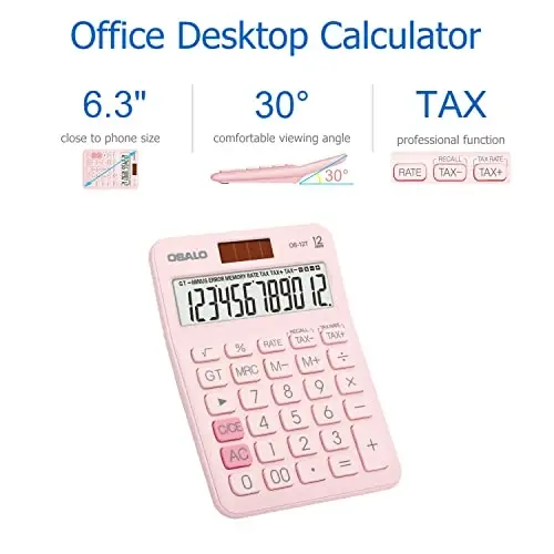 Pocket Small Size Desk Calculator, 12 Digit Large LCD Display, Basic Tax Function Handheld Desktop Calculator with Solar Battery Dual Power, Perfect for Office, School, Business OS-12T (Pink) - 4