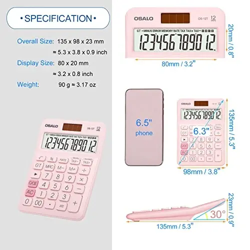 Pocket Small Size Desk Calculator, 12 Digit Large LCD Display, Basic Tax Function Handheld Desktop Calculator with Solar Battery Dual Power, Perfect for Office, School, Business OS-12T (Pink) - 5