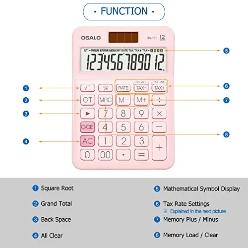 Pocket Small Size Desk Calculator, 12 Digit Large LCD Display, Basic Tax Function Handheld Desktop Calculator with Solar Battery Dual Power, Perfect for Office, School, Business OS-12T (Pink) 