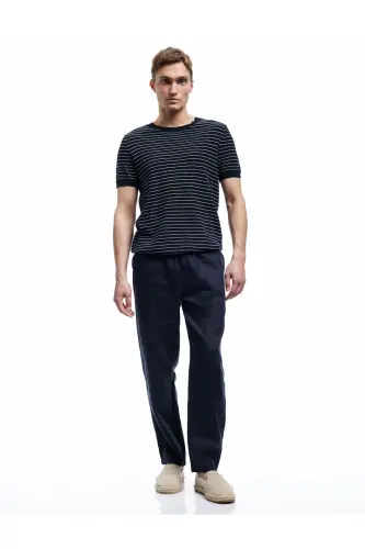 Cep Detaylı Beli Bağcıklı Oversize Keten Pantolon - Lacivert - 6