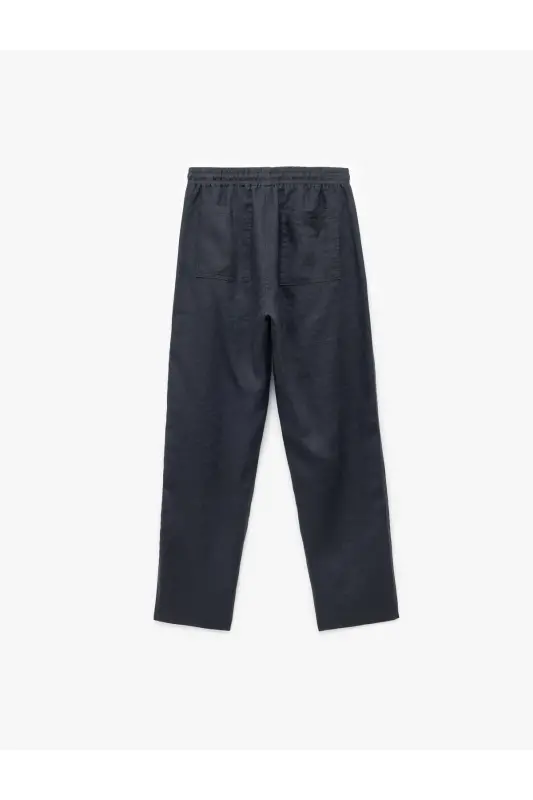 Cep Detaylı Beli Bağcıklı Oversize Keten Pantolon - Lacivert - 4