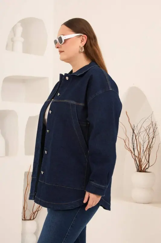 Cep Detaylı Büyük Beden Kadın Kot Ceket Lacivert - 3