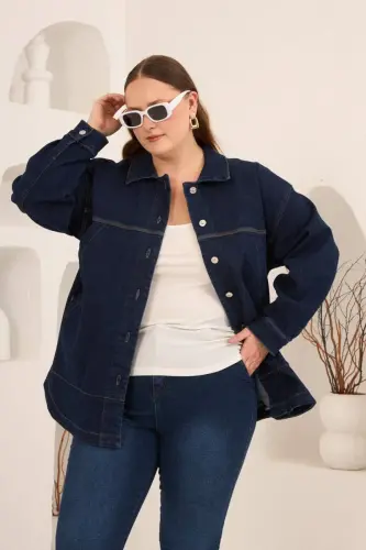 Cep Detaylı Büyük Beden Kadın Kot Ceket Lacivert - 4