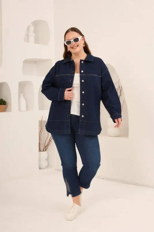 Cep Detaylı Büyük Beden Kadın Kot Ceket Lacivert - 5