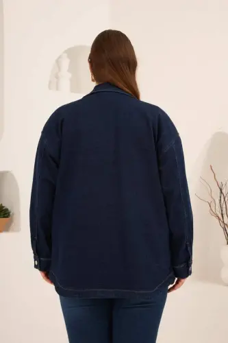 Cep Detaylı Büyük Beden Kadın Kot Ceket Lacivert - 6