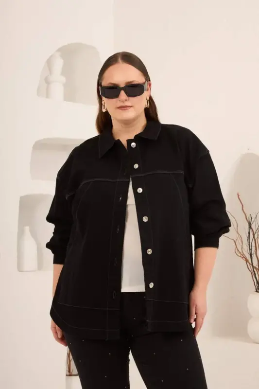 Cep Detaylı Büyük Beden Kadın Kot Ceket Siyah - BÜYÜKBEDENIZ