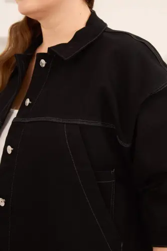 Cep Detaylı Büyük Beden Kadın Kot Ceket Siyah - BÜYÜKBEDENIZ (1)