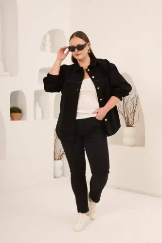 Cep Detaylı Büyük Beden Kadın Kot Ceket Siyah - 4