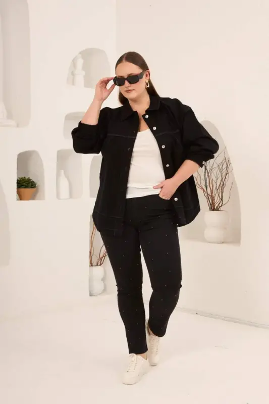 Cep Detaylı Büyük Beden Kadın Kot Ceket Siyah - 4