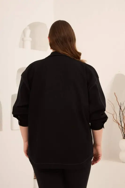 Cep Detaylı Büyük Beden Kadın Kot Ceket Siyah - 5