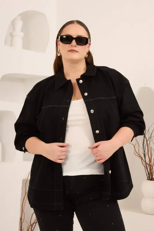 Cep Detaylı Büyük Beden Kadın Kot Ceket Siyah - 6