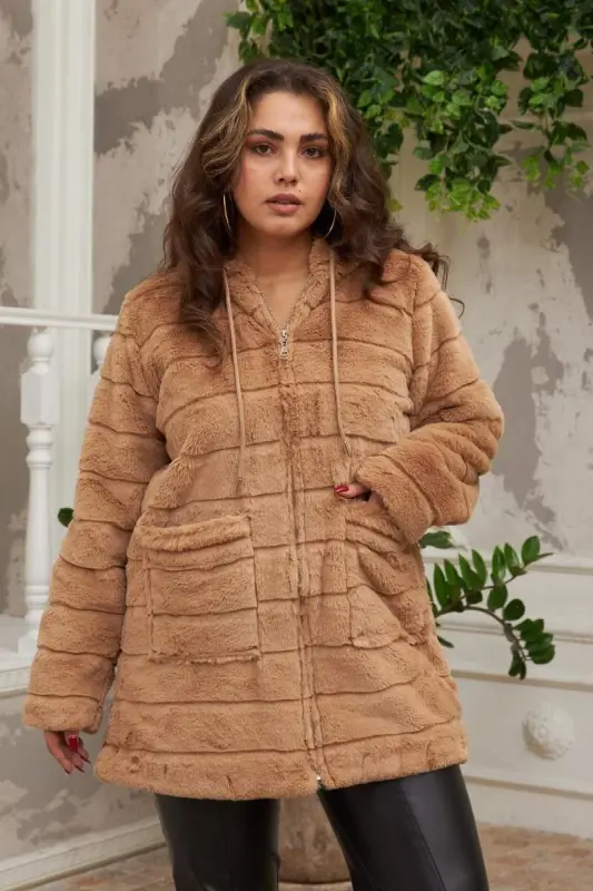 Cep Detaylı Büyük Beden Uzun Taba Peluş Vizon - BÜYÜKBEDENIZ