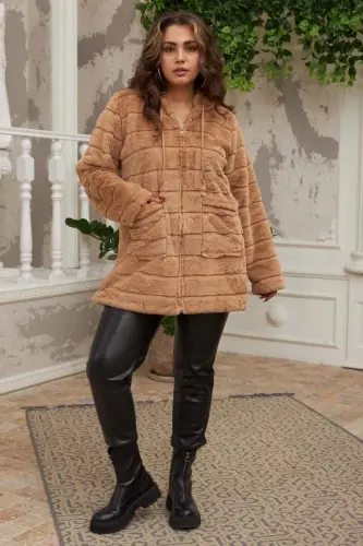 Cep Detaylı Büyük Beden Uzun Taba Peluş Vizon - 5