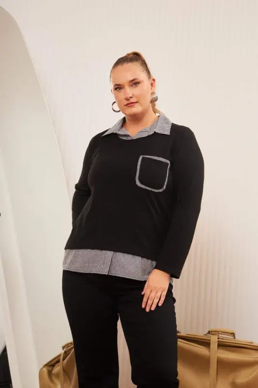 Cep Detaylı Ekoseli Büyük Beden Siyah Gömlek Bluz - 3