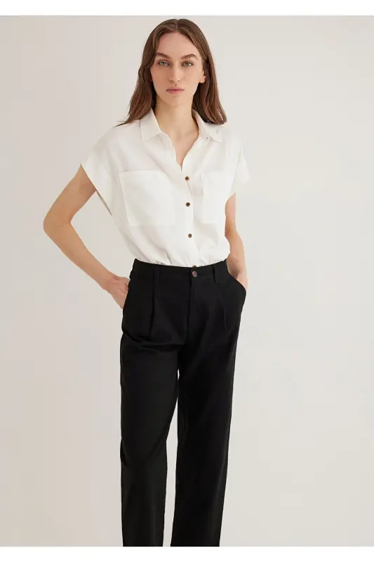 Cep Detaylı Ekru Gömlek Loose Fit / Bol Rahat Kesim 1211090-70057 - Ekru-70057 - 3