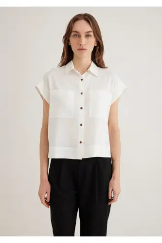 Cep Detaylı Ekru Gömlek Loose Fit / Bol Rahat Kesim 1211090-70057 - Ekru-70057 - 4