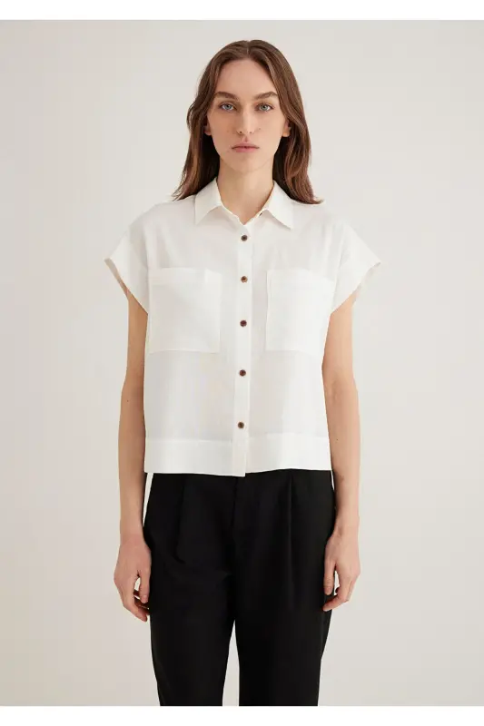 Cep Detaylı Ekru Gömlek Loose Fit / Bol Rahat Kesim 1211090-70057 - Ekru-70057 - 4