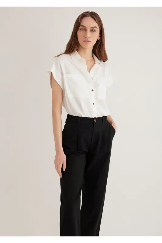 Cep Detaylı Ekru Gömlek Loose Fit / Bol Rahat Kesim 1211090-70057 - Ekru-70057 - MAVI