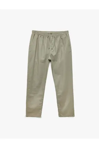 Cep Detaylı Keten Pamuk Karışımlı Beli Bağcıklı Pantolon-Haki - 3