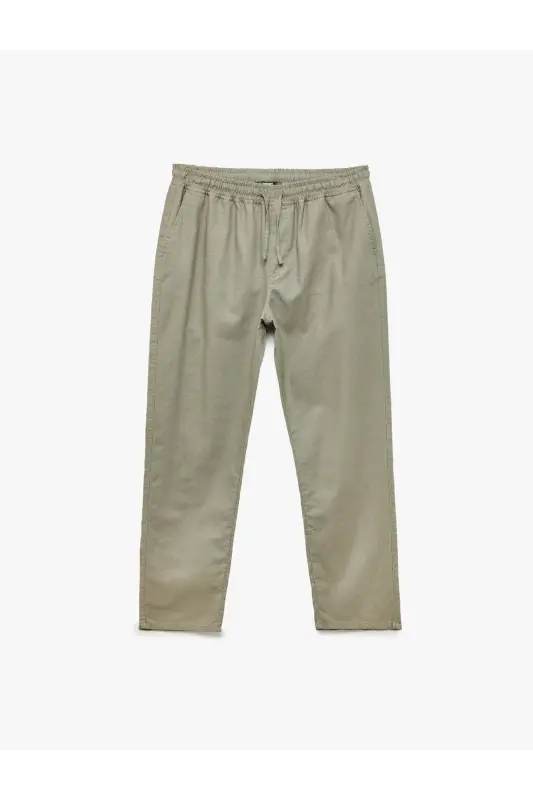 Cep Detaylı Keten Pamuk Karışımlı Beli Bağcıklı Pantolon-Haki - 3