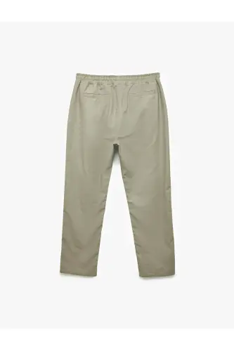 Cep Detaylı Keten Pamuk Karışımlı Beli Bağcıklı Pantolon-Haki - 4