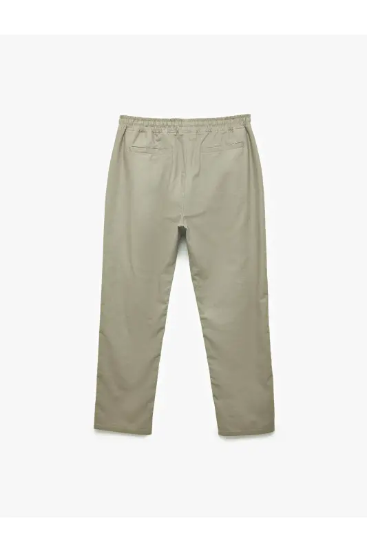 Cep Detaylı Keten Pamuk Karışımlı Beli Bağcıklı Pantolon-Haki - 4