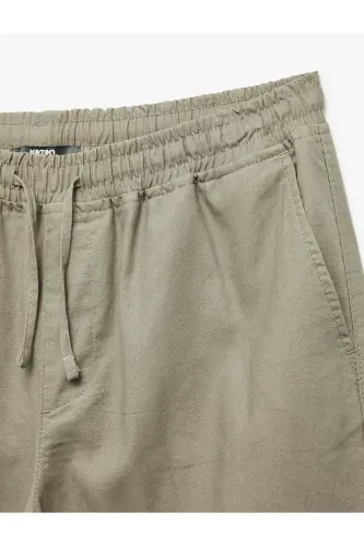 Cep Detaylı Keten Pamuk Karışımlı Beli Bağcıklı Pantolon-Haki - 5