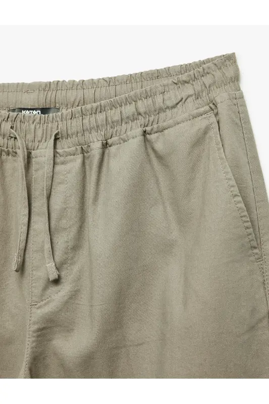 Cep Detaylı Keten Pamuk Karışımlı Beli Bağcıklı Pantolon-Haki - 5