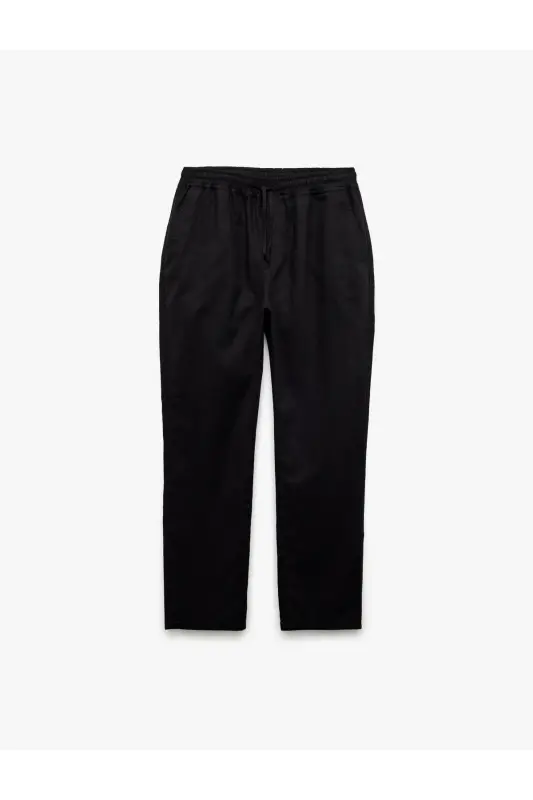 Cep Detaylı Keten Pamuk Karışımlı Beli Bağcıklı Pantolon-Siyah - 3