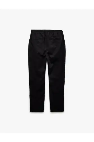Cep Detaylı Keten Pamuk Karışımlı Beli Bağcıklı Pantolon-Siyah - 4