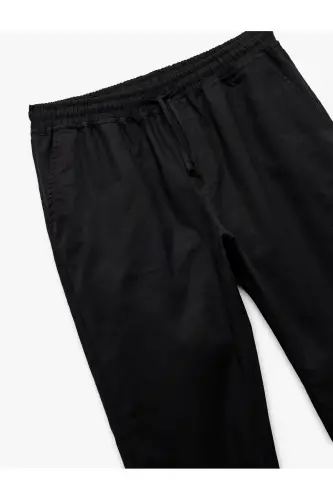 Cep Detaylı Keten Pamuk Karışımlı Beli Bağcıklı Pantolon-Siyah - 5