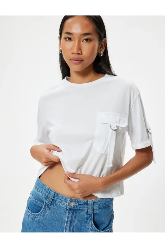 Cep Detaylı Kısa Kollu Tişört Bisiklet Yaka Pamuklu-Beyaz - KOTON