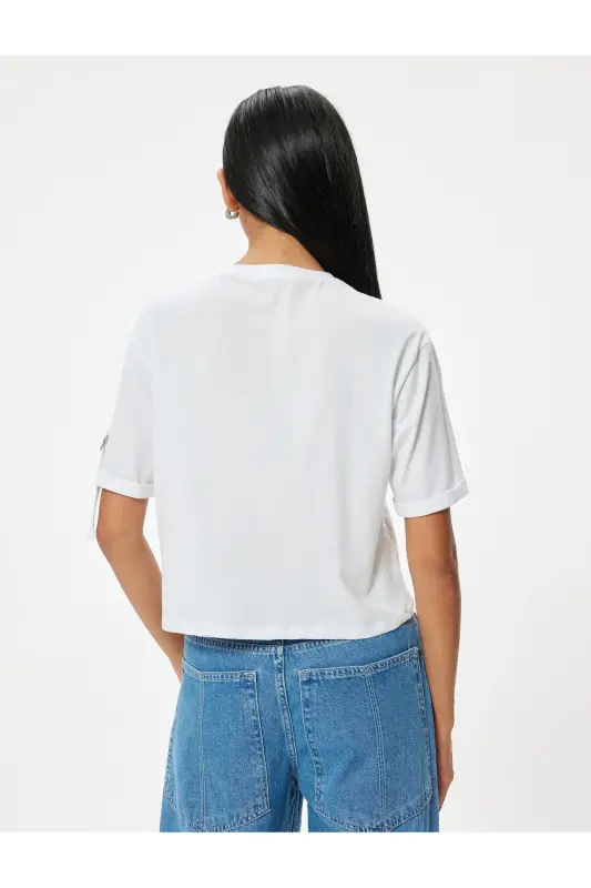 Cep Detaylı Kısa Kollu Tişört Bisiklet Yaka Pamuklu-Beyaz - 4