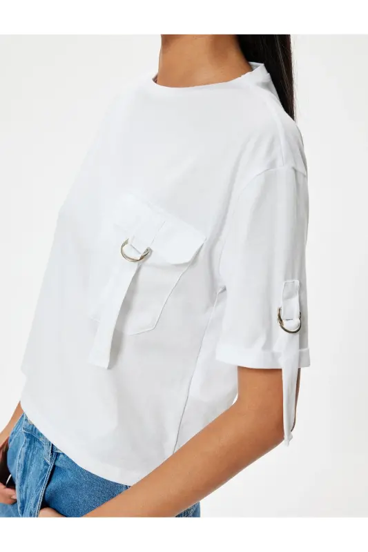 Cep Detaylı Kısa Kollu Tişört Bisiklet Yaka Pamuklu-Beyaz - 5