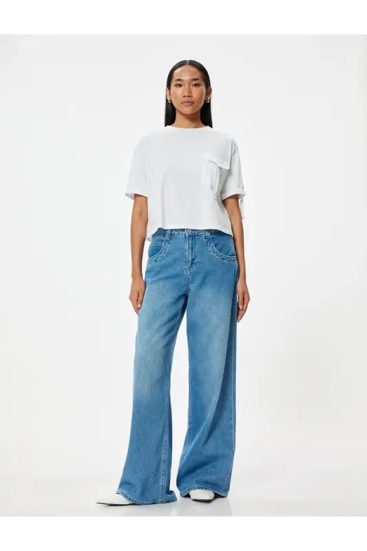 Cep Detaylı Kısa Kollu Tişört Bisiklet Yaka Pamuklu-Beyaz - 2