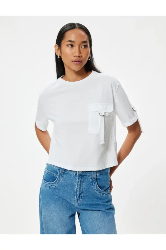 Cep Detaylı Kısa Kollu Tişört Bisiklet Yaka Pamuklu-Beyaz - 3