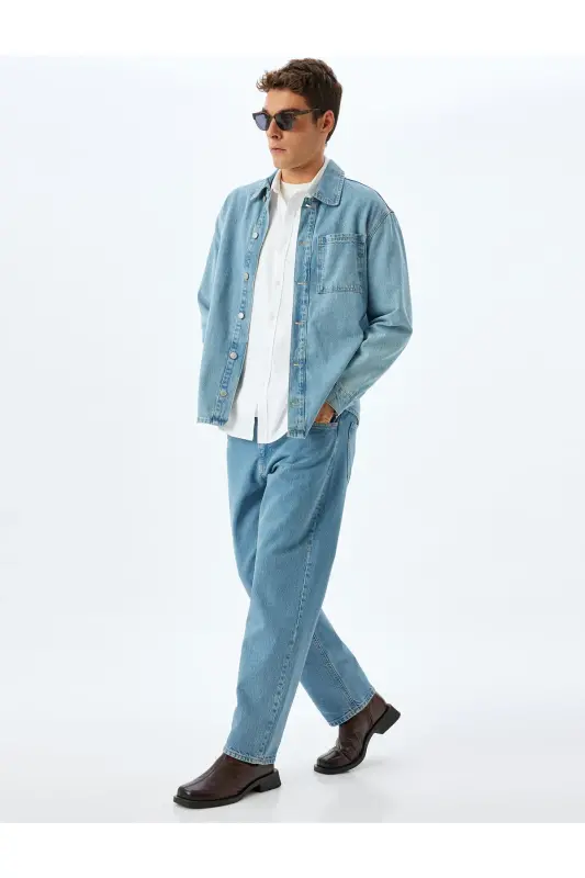 Cep Detaylı Pamuklu Vintage Straight Jean Pantolon-Orta İndigo - 1