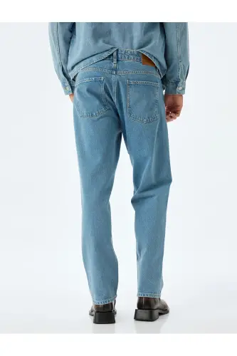 Cep Detaylı Pamuklu Vintage Straight Jean Pantolon-Orta İndigo - 4