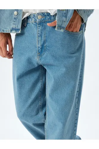 Cep Detaylı Pamuklu Vintage Straight Jean Pantolon-Orta İndigo - 5